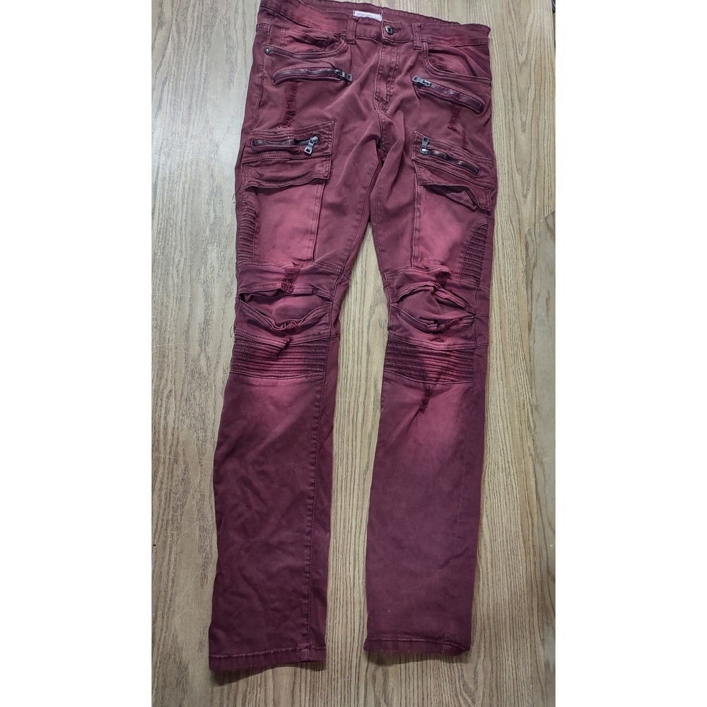 Smoke Rise Mens Biker Cargo Pants Burgundy Moto Distressed Slim Fit 34x34